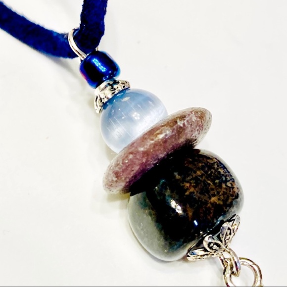 Navy Blue Brown & Gray Fossilized Coral Necklace & Matching Stone Earrings - Picture 10 of 14